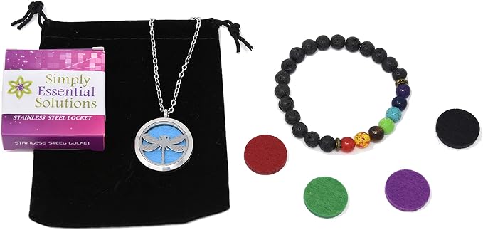 Aromatherapy Essential Oil Diffuser Stainless Steel Silver 30 MM Magnetic Locket Pendant 2 Sizes Chain Necklace, Refill Pads & Diffuser Bracelet in a Velvet Bag (Dragonfly)
