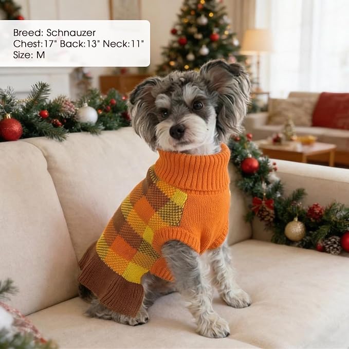 Dog Sweater Dress Plaid Knitwear for Small Medium Dogs Warm Puppy Pet Turtleneck Stretch Pullover Cute Fall Winter Vest Clothes with Leash Hole for Christmas (Orange, S)