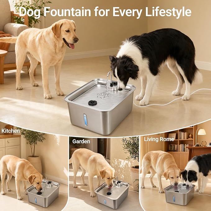 Cat/Large Dog Water Fountain, 4.5Gal/17L Quiet LED Blue Light Stainless Steel Pet Water Fountain for Large Dogs Indoor with 3 Replacement Filters, Multi-Filtration & Deeper Drinking Surface