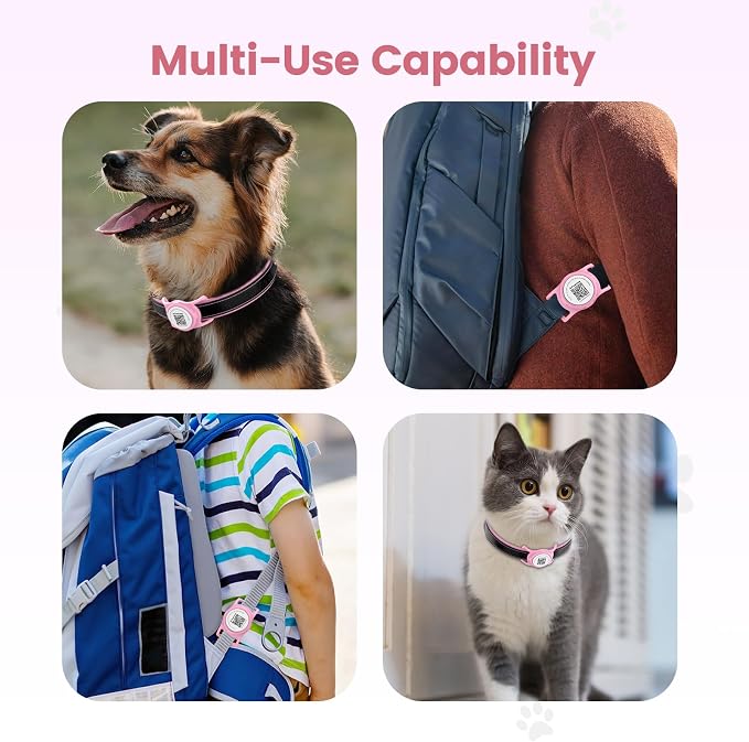 Smart Pet Tracker for Collar - Dog Trackers Location for Pet with Holder, No Monthly Fee, Real-Time Tracking, iOS Only, IPX6 Waterproof, Long-Lasting, Anti-Lost Tracker for Cats, Bag Straps,Pink
