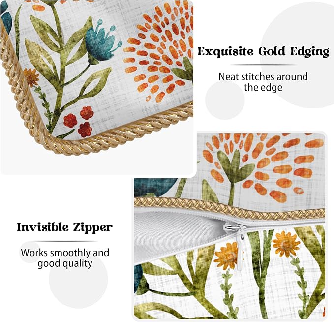 KSLIDS Floral Leaf Soft Velvet Throw Pillow Covers Set of 2 Orange Flowers Sage Green Leaves Decorative Pillow Covers 18x18 Inch Farmhouse Pillow Case for Sofa Couch Living Room Home Decor