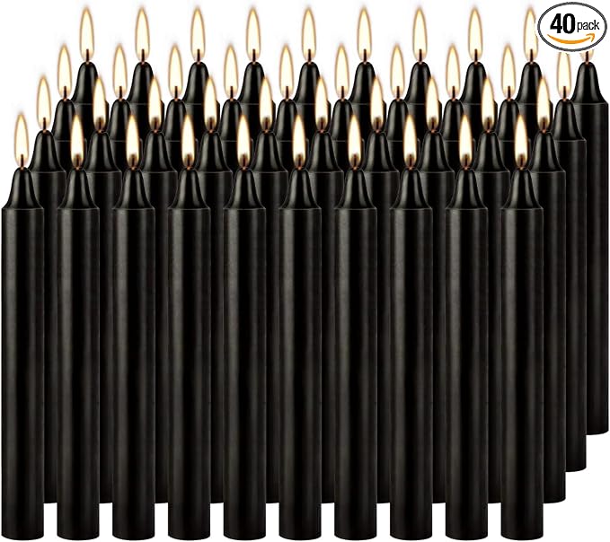Black Taper Candles, 4 Inch, Unscented, 100% Cotton Wick, 2-Hour Burn Time, for Halloween, Rituals, Meditation, Altar, 40 Pack