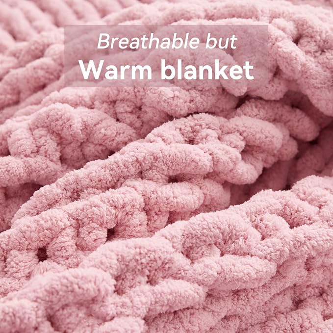 Negwoo Chunky Knit Throw Blanket, Knitted Throw Chenille Yarn, 80"*90" | Soft Thick Cable Knitted Blankets, Handmade Big Thick Blanket, Machine Washable Cute Comfy Blanket for Home Decor, Light pink
