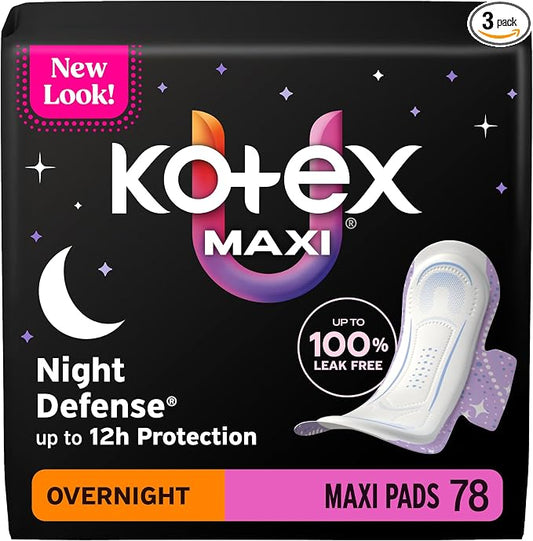 Kotex Overnight Maxi Pads with Wings, 78 Count (3 Packs of 26)(Packaging May Vary)
