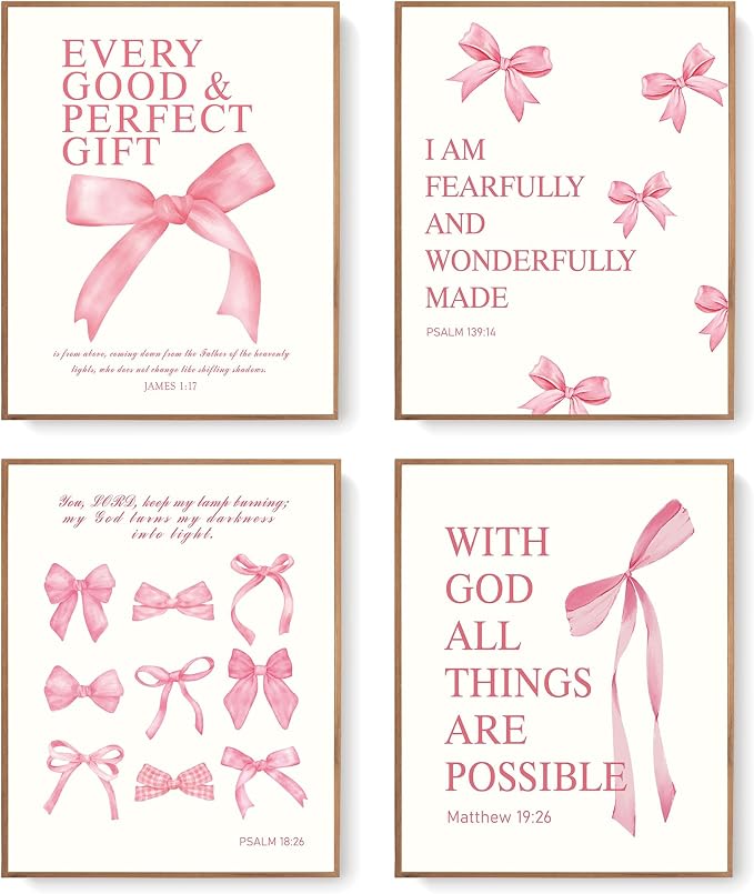 LARTSFRO Coquette Pink Bow Christian Wall Art Decor Posters, Pink Bow Room Bedroom Bathroom Dorm Wall Art Decor Aesthetic for College Teen Girls Gifts, Inspirational Bible Verses Bow Wall Decor, 12x16 Inch Set of 4 Pcs Bow Pictures (UNFRAMED)