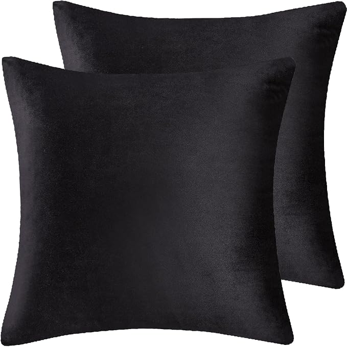 Velvet Decorative Throw Pillow Covers, Soft Square Cushion Case Home Decor for Living Room Couch Bed Sofa, Set of 2 Pack, Black, 16x16 Inch