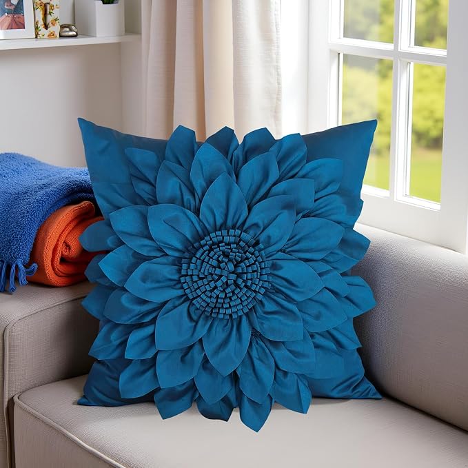 Navy Blue Accent Flower Decorative Throw Pillow Covers for Bed Sofa Couch | Bella's Giftshop Handmade Sunflower Taffeta Pillow Cases Living Room Bedroom Decor, 18x18 Inch