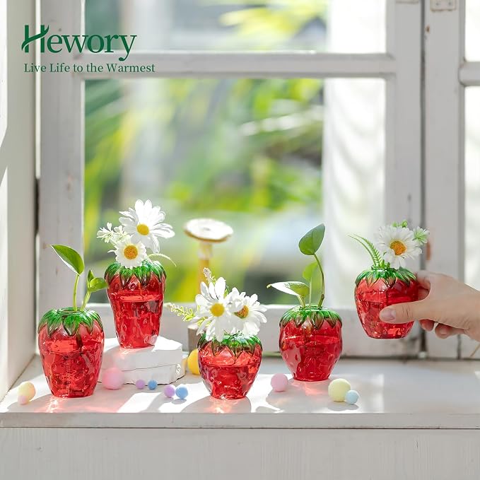 Hewory Cute Glass Strawberry Vases: 5PCS Propagation Vases for Plants | Red Strawberry Decor for Kitchen, Windowsill, Shelves, Gifts for Women, Mother, Novelty Indoor Hydroponic Flower Planter Pot