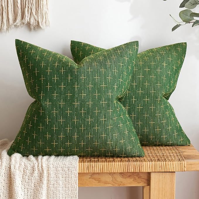 MIULEE Pack of 2 Christmas Decorative Burlap Linen Throw Pillow Covers Modern Farmhouse Pillowcase Rustic Woven Textured Cushion Cover for Sofa Couch Bed 20x20 Inch Christmas Green