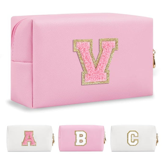 Personalized Initial A-Z Preppy Patch Makeup Bag,Small PU Leather Chenille Letter Cosmetic Bag with Zipper for Teen Girls,Pink Cute Travel Toiletry Bag,Birthday Monogrammed Gift for Daughter,Letter V