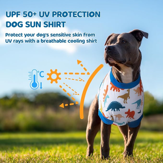 UPF 50+ Sun Protection Dog Shirt - Sleeveless Cooling Vest for Large Dogs Boy, Quick-Dry Pet T-Shirt with Funny Dinosaur Horns, UV Protective Breathable Dog Clothes U-COSBX02L