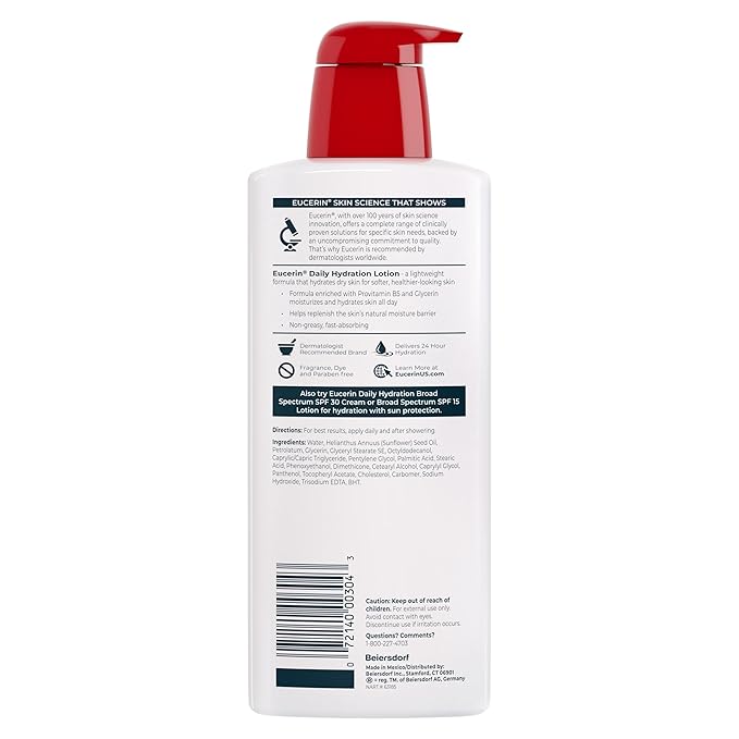 Eucerin Daily Hydration Body Lotion, Unscented Body Lotion for Sensitive Dry Skin, Holiday Gifts for Self Care, 16.9 Fl Oz Pump Bottles, Pack of 3