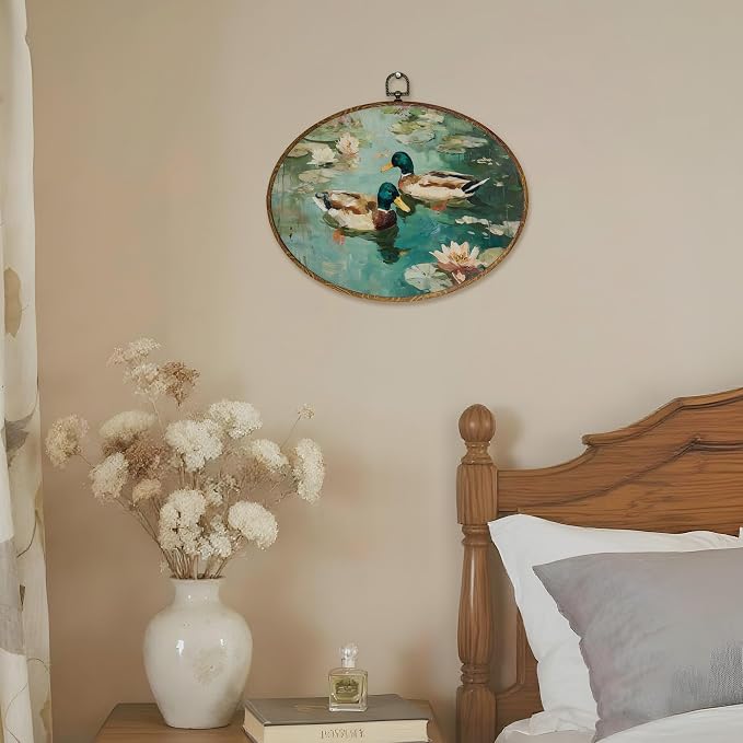LKETW Vintage Mallard Duck Oval Wall Art Decor, Rustic Farmhouse Duck Oval Canvas Hanging Decor, Country Lakeside Floral Farm Animal Wall Decorations for Home Bedroom Living Room, 8.6x11.4 Inch