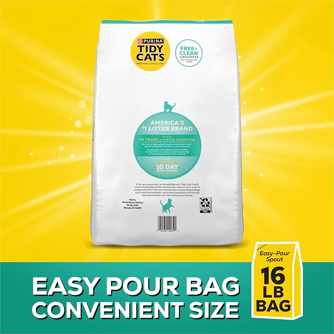 Purina Tidy Cats Free and Clean Unscented Clumping Cat Litter, 16 lb Bag | Activated charcoal formula delivers powerful odor absorption in an easy-pour design