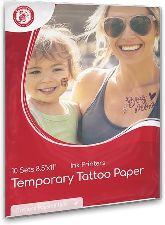 BubblePop! Printable Temporary Tattoo Paper for Inkjet Printer - Skin-Safe, Water-Resistant, Blank 8.5x11” Sheets for Personalized Designs - Make Your Own Temporary Tattoos at Home - 10 Set