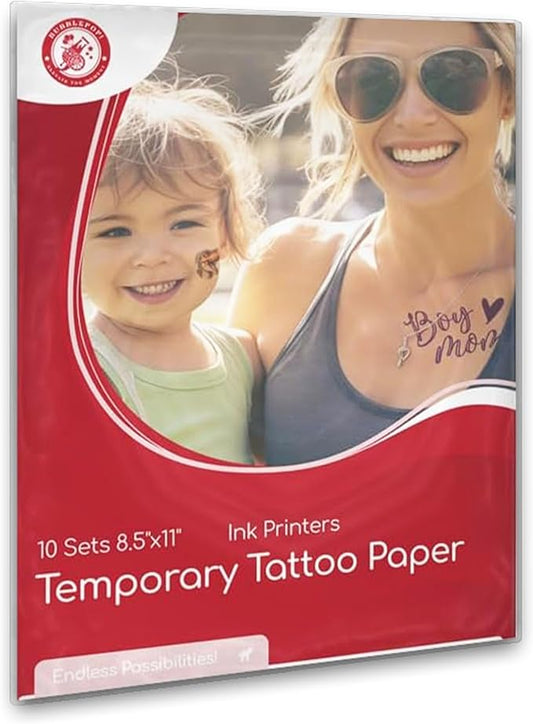 BubblePop! Printable Temporary Tattoo Paper for Inkjet Printer - Skin-Safe, Water-Resistant, Blank 8.5x11” Sheets for Personalized Designs - Make Your Own Temporary Tattoos at Home - 10 Set