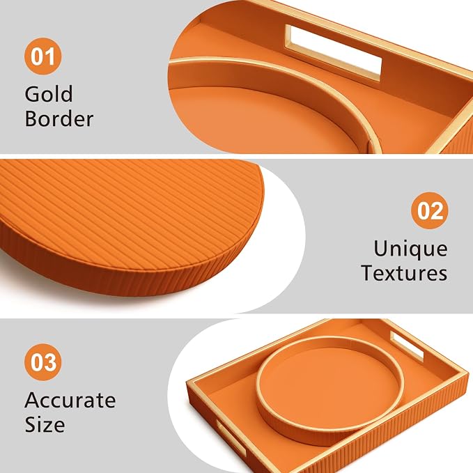 Leather Tray Desktop Storage Organizer, Decorative Tray Set, Orange | Premium Serving Trays Valet Tray for Sundries Cosmetics Phone Wallet Cutlery, Set of 2, Orange Holder with Disc