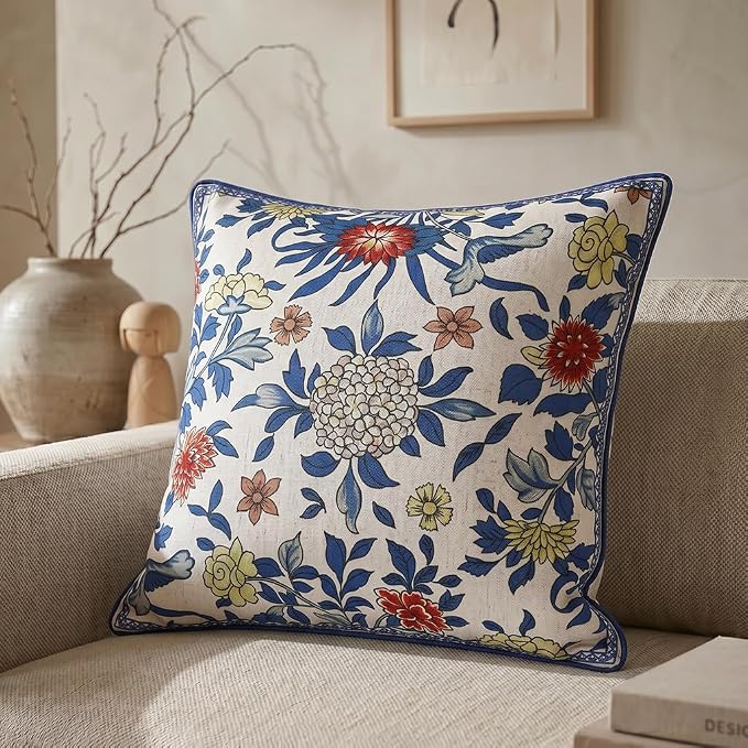 patdrea Designer Vintage Linen Throw Pillow Cover,18"x18",Set of 2-Ivar A | Decorative Pillow Cover,Blue and White Floral Pattern,Pillow Case for Couch Living Room Bedroom Sofa Outdoor