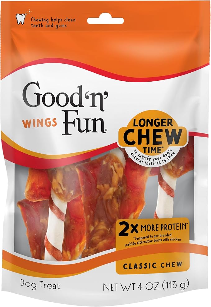 Good 'n' Fun Wings Long-Lasting Dog Treat Made With Real Protein, 4 oz | Premium Chicken, Pork and Beef Hide Chew, Supports Dental Health and Mental Stimulation, For Adult Dogs