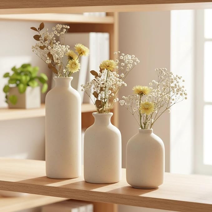 Small Ceramic Vase Set of 3,Modern Boho Farmhouse Flowers Vases | Decorative Vase for Dried Flowers,Pampas Grass,Home Decor,Shelf,Bathroom,Centerpiece for Entryway Table Distressed
