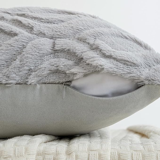 MIULEE Light Grey Soft Plush Faux Wool Throw Pillow Covers 20x20 | Set of 2, Farmhouse Boho Home Decor, Decorative Cushion Covers for Sofa, Living Room, Bed