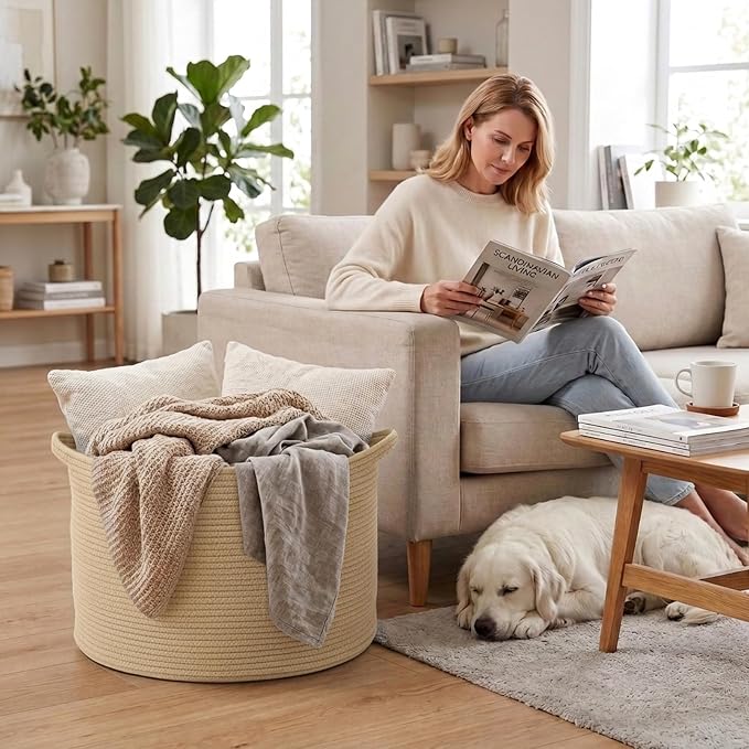 65L Large Blanket Basket,Woven Rope Laundry Basket-Camel | Collapsible, reinforced handles, nursery storage bin organizes clothes, toys and pillows for living room, bedroom bathroom