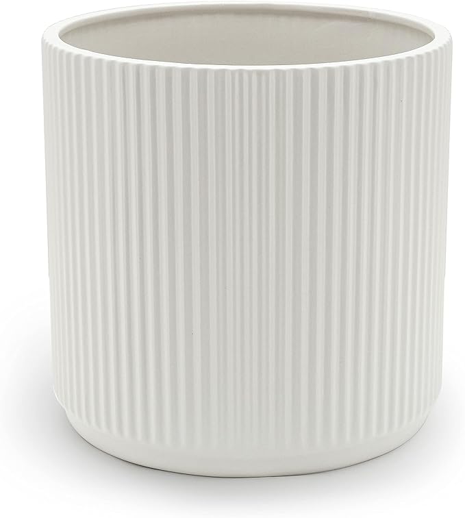 Amazon Basics Fluted Ceramic Planter Pot for Indoor Outdoor Plants, Round Flower Pot with Drainage Hole, 8-inch, White