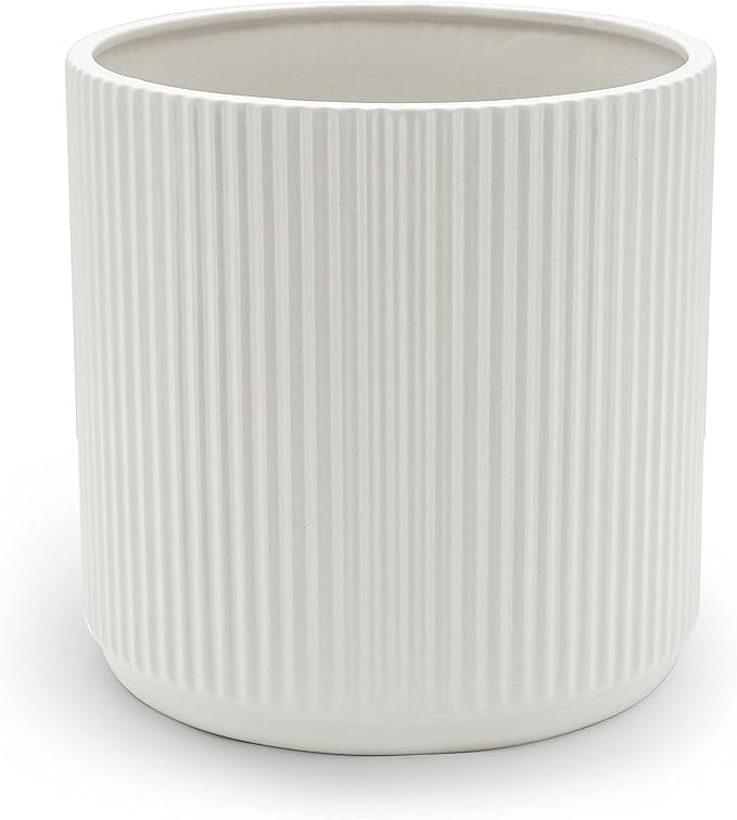 Amazon Basics Fluted Ceramic Planter Pot for Indoor Outdoor Plants, Round Flower Pot with Drainage Hole, 10-inch, White