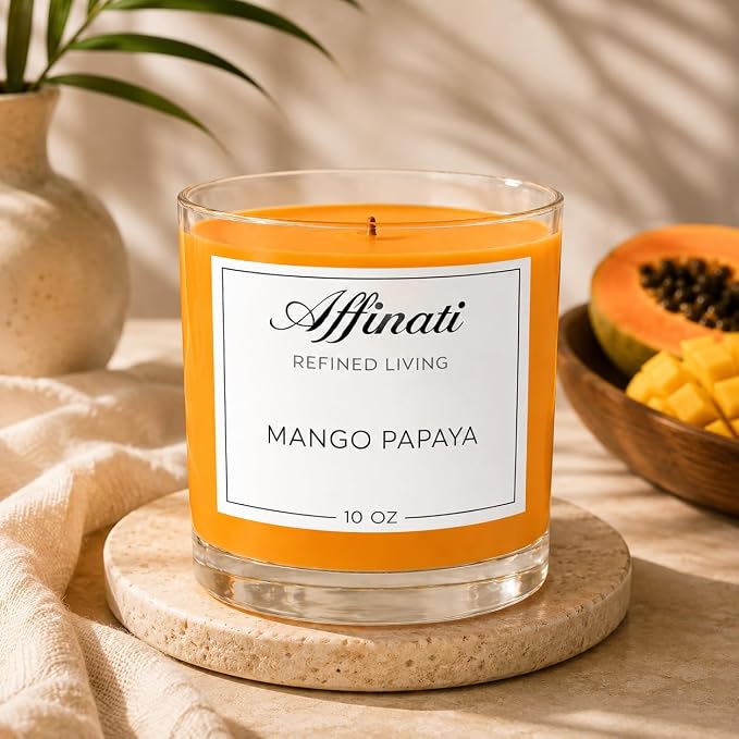 Mango Papaya Affinati 10 oz Scented Candle for Home – Long Lasting Fruity Soy Blend Candle with Wooden Wick, Strong Scent Throw Glass Jar Candles, Premium Clean Burning Aromatherapy Gifts