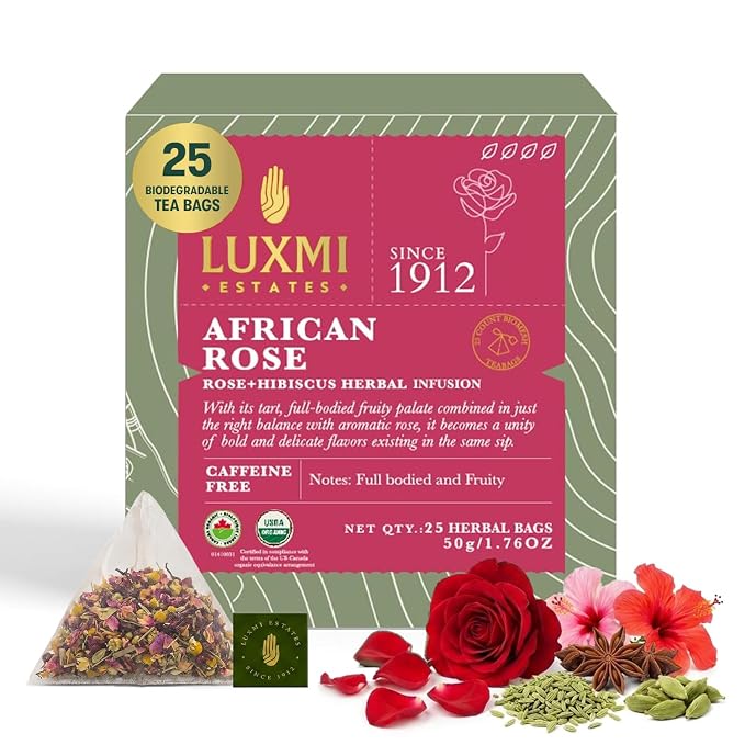 Luxmi Estates African Rose Organic Hibiscus Rose Tea (25 Tea Bags) Caffeine Free Tea Bags For Detox, Cleansing, and Digestion, With Certified Organic Herbal Tea | Direct From Source - Plant Based Biodegradable Tea Bags