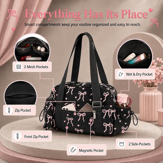 LOIDOU Aesthetic Dance Bag for Girls Corduroy Lightweight Bow Ballet Gymnastic Bag, Small Gym Bag for Women with Wet Dry Pocket, Cute Tote Bag Gifts for Birthday Christmas