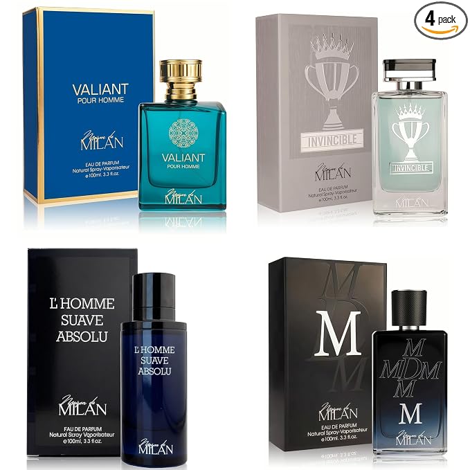 A CENTER Men's Cologne Gift Set of 4(MilanValia&MLvincible&MDM&Lhomme) - 3.4 Fl Oz Each Vanilla Bourbon, Leather & Amber Floral Fragrance Luxury Eau de Toilette