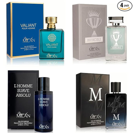 A CENTER Men's Cologne Gift Set of 4(MilanValia&MLvincible&MDM&Lhomme) - 3.4 Fl Oz Each Vanilla Bourbon, Leather & Amber Floral Fragrance Luxury Eau de Toilette