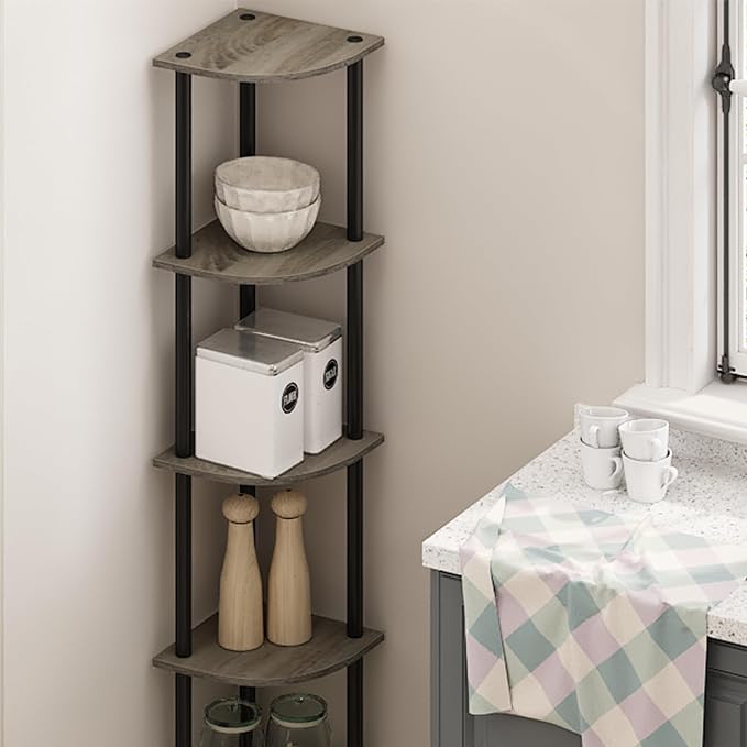 Furinno TURN-N-TUBE Corner Shelf, 5-Tier Corner Bookshelf, Open Storage Shelves, for Organization and Storage, Living Room, Home Office, Garage, Bedroom, French Oak