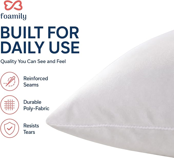 Foamily 16x16 Throw Pillow Insert, 100% Cotton Cover, Down Alternative | Cotton cover, plush down-alternative fill, machine washable Fits 16x16 covers Couch, sofa, bed, nursery décor
