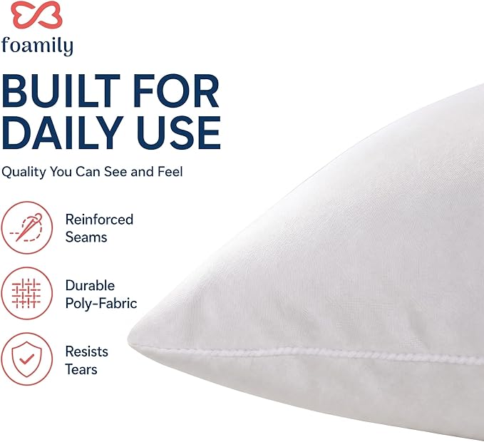 Foamily 12x20 Lumbar Pillow Inserts, White Pillows for Couch & Bed, 4 Pack | Soft down-alternative fill, hypoallergenic, holds its shape. Fits 12x20 lumbar covers. Couch, bed, accent chairs.