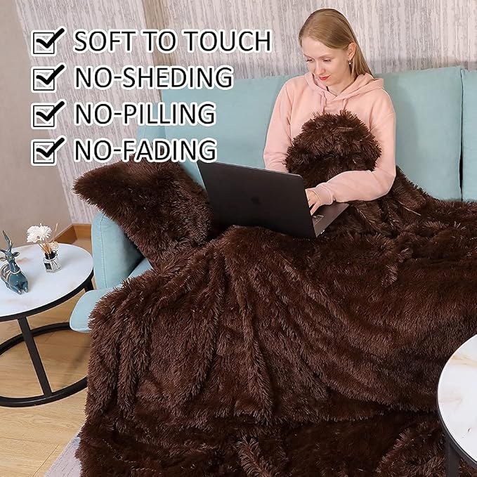 YUSOKI Long Faux Fur Twin Size Blanket, Brown, 60" x 80" | Ultra Soft, Lightweight for All Season Use, stays fluffy after repeated washes, Perfect Gifts, Machine Washable