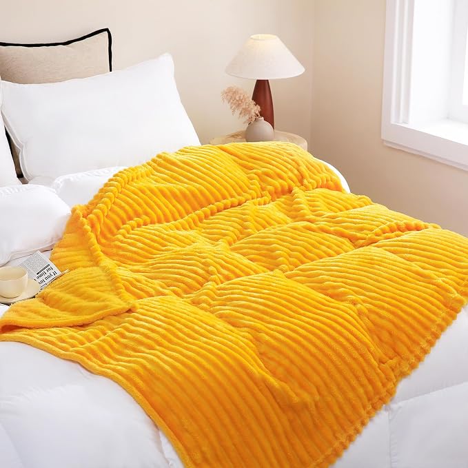 Gold Fleece Throw Blanket 108”×90” for Couch Sofa Livingroom | Super Soft Cozy Plush Microfiber Flannel Bed Blanket Striped Design Lightweight Home Decor Gifts for Adults Mom Women