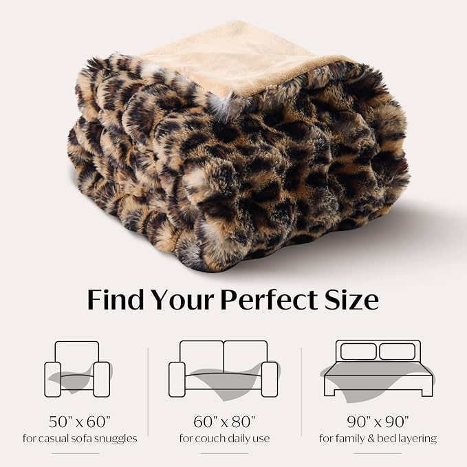 DOWNCOOL Faux Rabbit Fur Throw Blanket, Soft Fluffy Fuzzy Plush Bubble Blanket for Couch Sofa & Bed, Cozy Warm Luxury Fleece Minky Blanket, 60x80 Inches Leopard Print