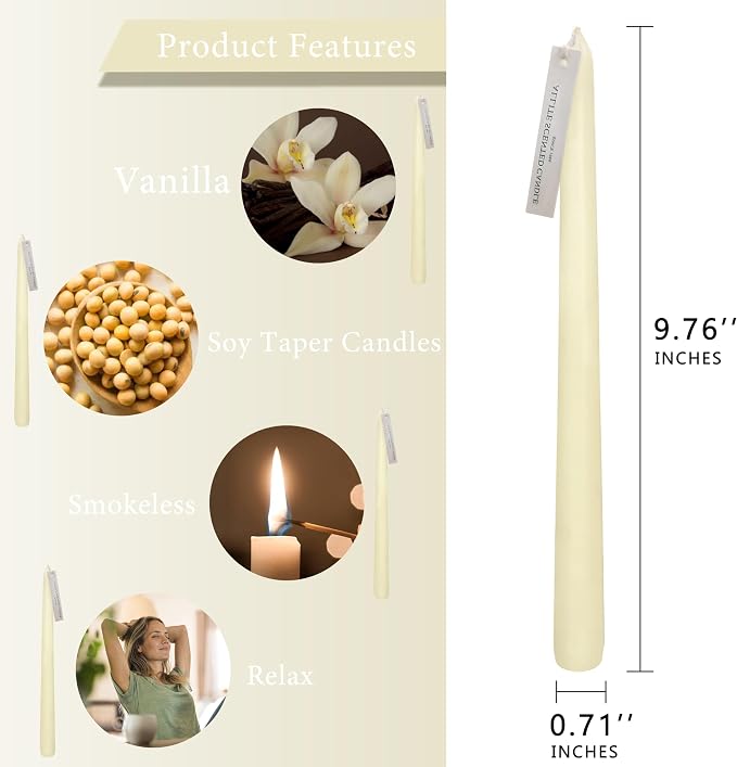 Ivory Taper Candles 4 Pack Vanilla Cream Scented Candles 10 inch Long Candlesticks for Wedding Festiva Dinner Holiday Decor