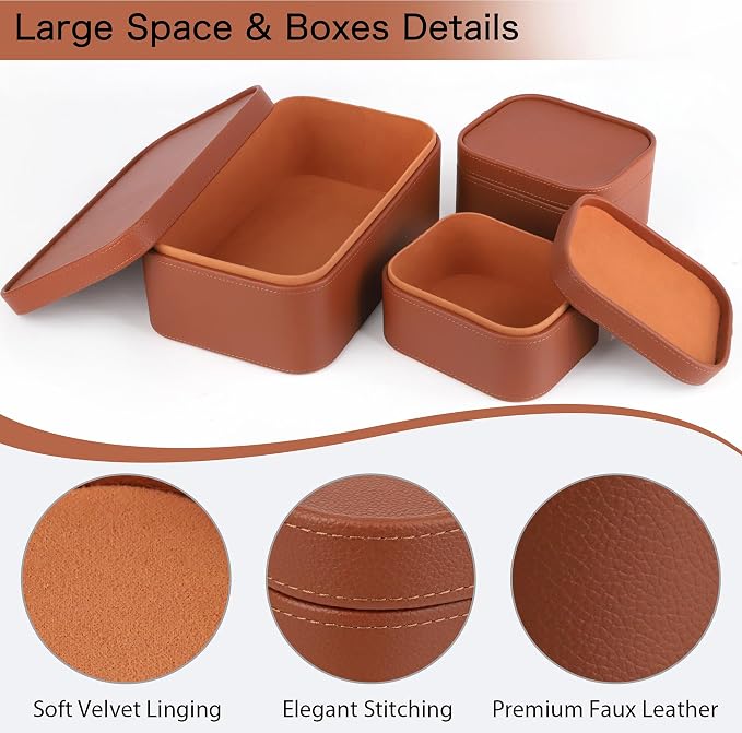 HofferRuffer Faux Leather Decorative Storage Boxes, Dust proof Storage Shelf Baskets with Lids Trays, Storage Bins Memory Box Organizer for Home, Office, Jewelry & More, Set of 3 (Brown)