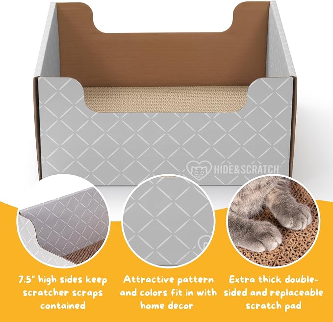 Hide & Scratch Cardboard Cat Scratcher Box & Bed Light Grey Diamond Pad