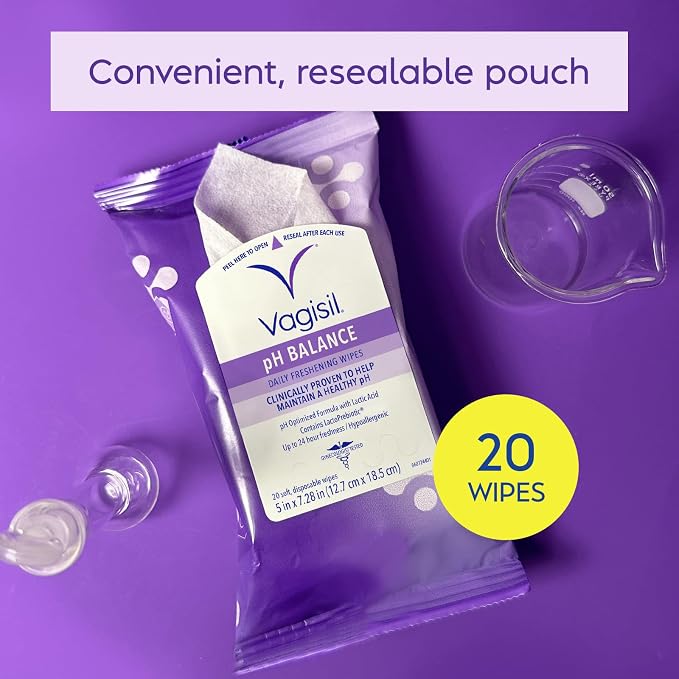 Vagisil pH Balance Daily Freshening Wipes for Feminine Hygiene in Resealable Pouch, Gynecologist Tested & Hypoallergenic, 20 Wipes (Pack of 1)