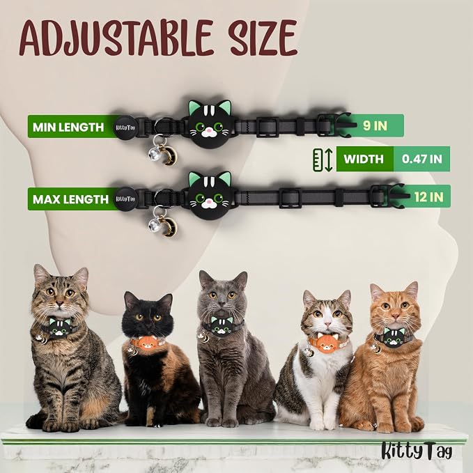 AirTag Cat Collar – Breakaway Reflective & Waterproof Collar with Built-in Holder, Adjustable with Bell for Indoor/Outdoor Cats – AirTag Not Included, Black (9-12")