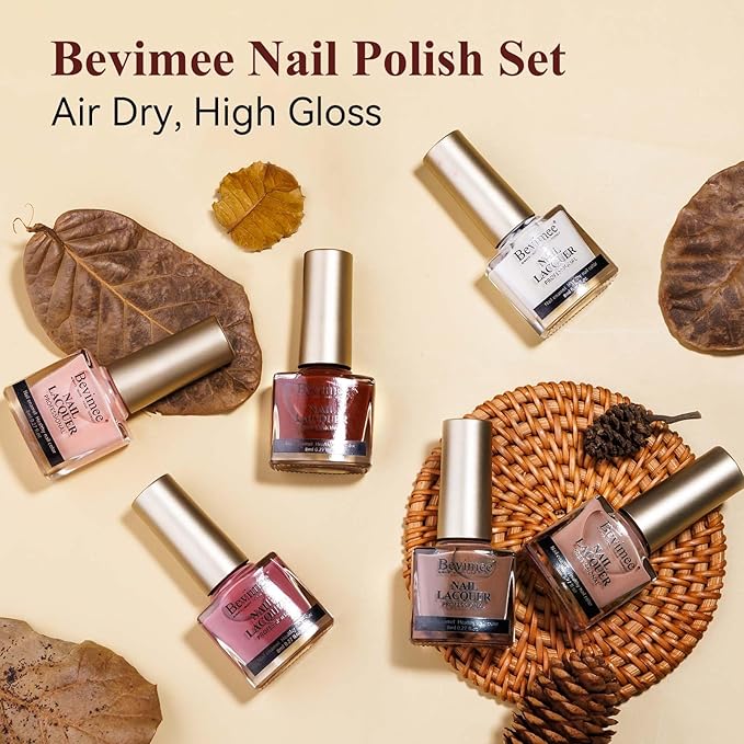 Vegan Nail Polish Set: Air Quick Dry Nail Lacquer Milky White, Nude, Brown 6 Regular Colors Nail Art Polish Non Gel Fast Drying Fingernail Polish Bulk DIY Salon Gift for Women