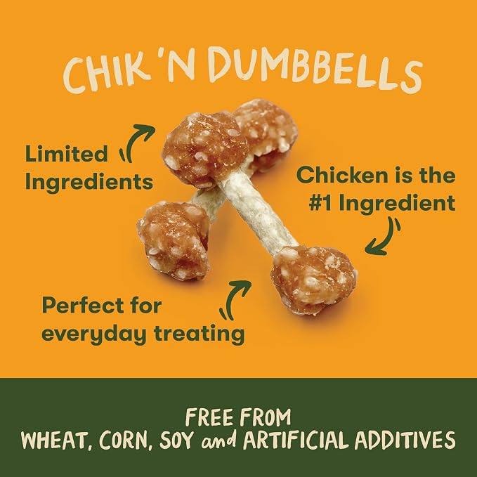 Pet 'n Shape Chik 'n Dumbbells: All-Natural, High-Protein Dog Treats; Limited Ingredient Chicken & Rice Chew for All Breeds, 32 Ounces | Premium chicken breast, Rice recipe, Limited ingredients, Wheat and soy free, Bite-sized snack, For all life stages
