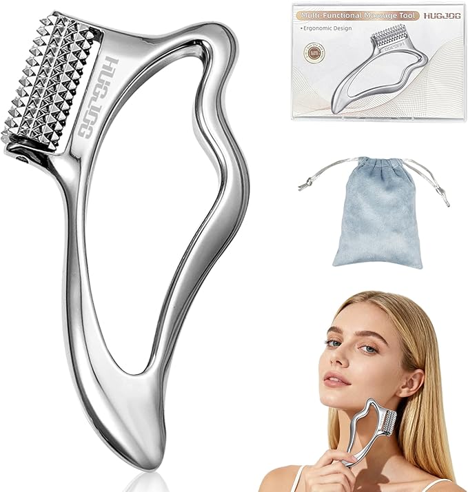 Upgraded Metal Gua Sha Facial Tools & Face Massager Tool – Multi-Functional Skin Care Tool for Soothing, Contouring & Muscle Relief with Self-Cooling Stainless Steel, PP Storage Case & Velvet Bag