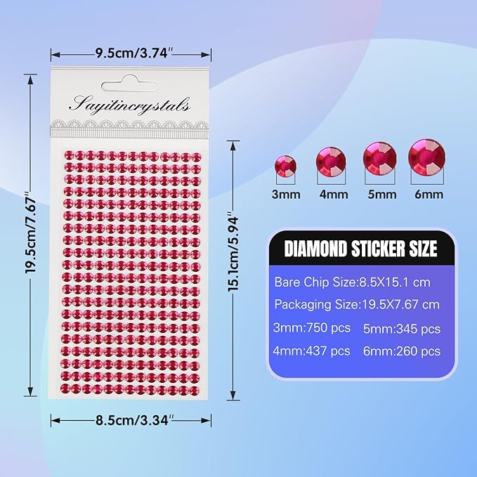 8 Sheets Rhinestone Stickers，3584 Pcs Gem Stickers for DIY Face Eyes Makeup Hair（Rose Red-3/4/5/6mm）