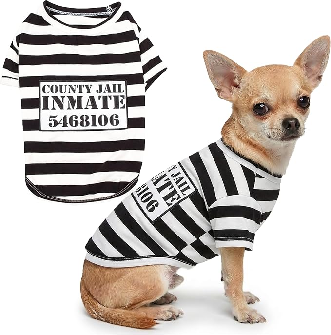 Parisian Pet Prisoner Dog Costume - 100% Cotton Striped Dog Clothes for Small Dogs - Lightweight Puppy Outfits - Funny Chihuahua Clothes - Sleeved Shirt for Dogs - Stretchy and Stylish Pet Costume