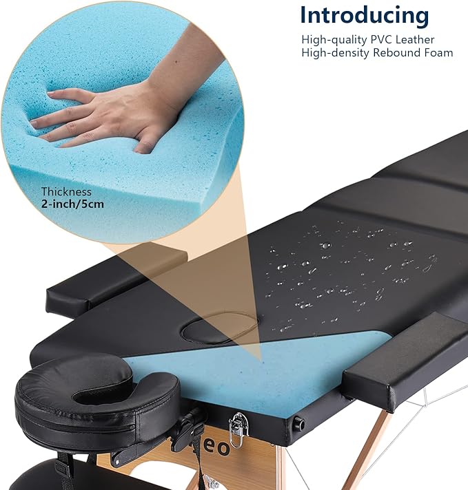 Portable Massage Table Massage Bed Professional SPA Reiki Eyelash Salon Bed, Wooden Frame Height Adjustment & Accessories, Black (3-Section)